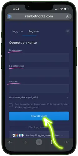 RainBet Casino Fyll inn personlige opplysninger