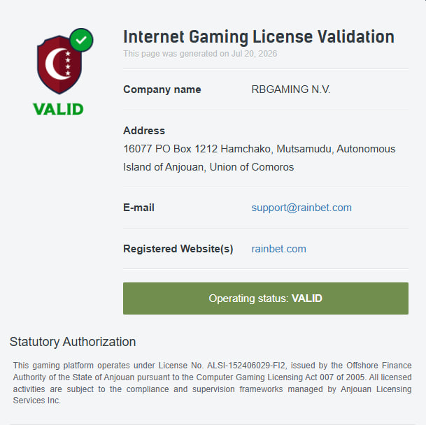 rainbet license